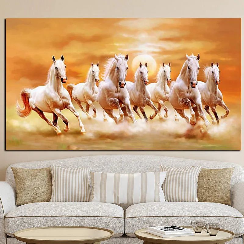 Seven Running White Horse Animals Painting Artistic Canvas Art Gold Posters and Prints Modern Wall Art Picture For Living Room-Arlik interiors