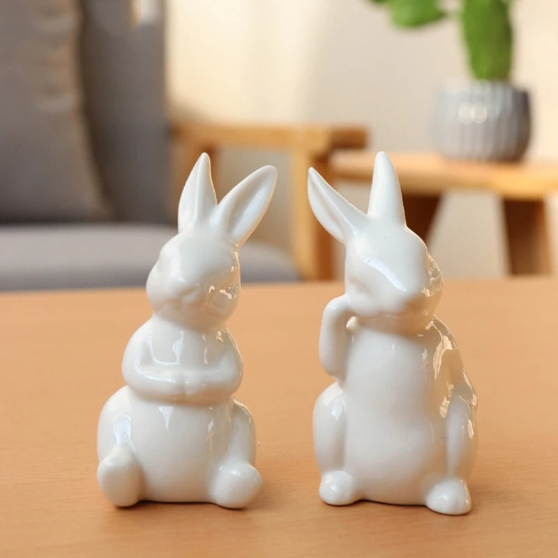 Pure White Easter Rabbit Ceramic Figurines Home Decoration