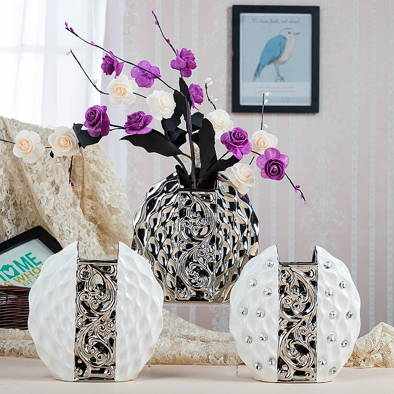 Modern Ceramic Vase  White And Silver Flower Vases