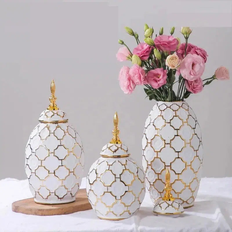 Luxury Electroplated Gold Plaid Ceramic Vase-Vase-Arlik interiors