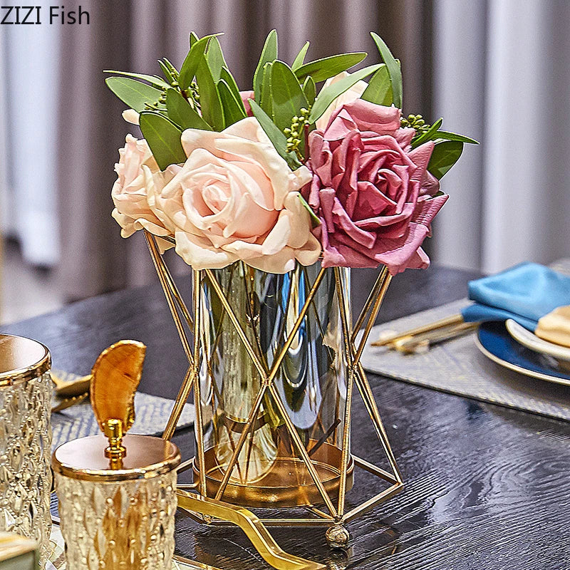 Golden Vase Metal Flowers Pot Floral Flower Arrangement Plated Alloy Glass Vases