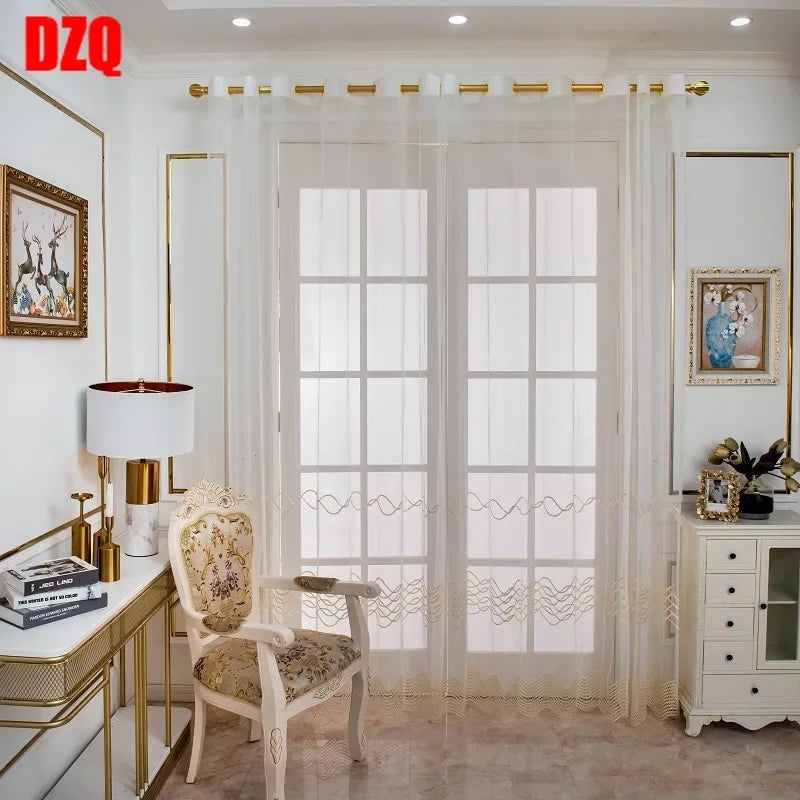 Geometric Embroidery Tulle Curtains for Living Room Modern Luxury Sheer Curtains