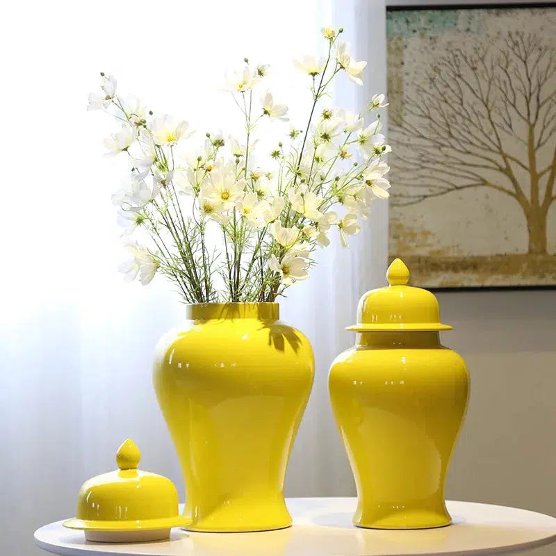Yellow Ceramic Vase Flower Arrangement Vase With Lid-Vase-Arlik interiors