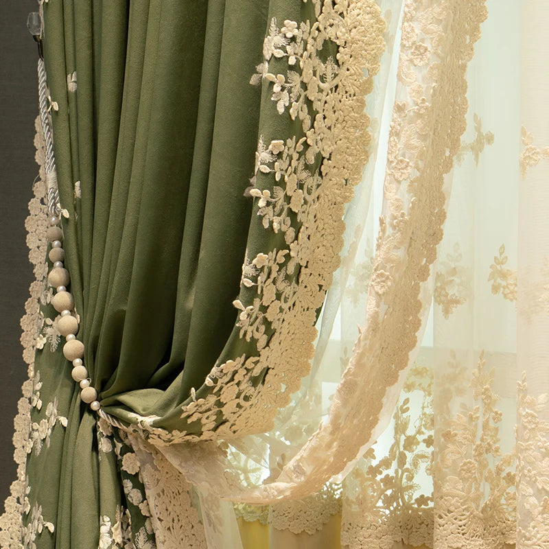 French Lace Green Velvet Luxury Curtains for Living Room