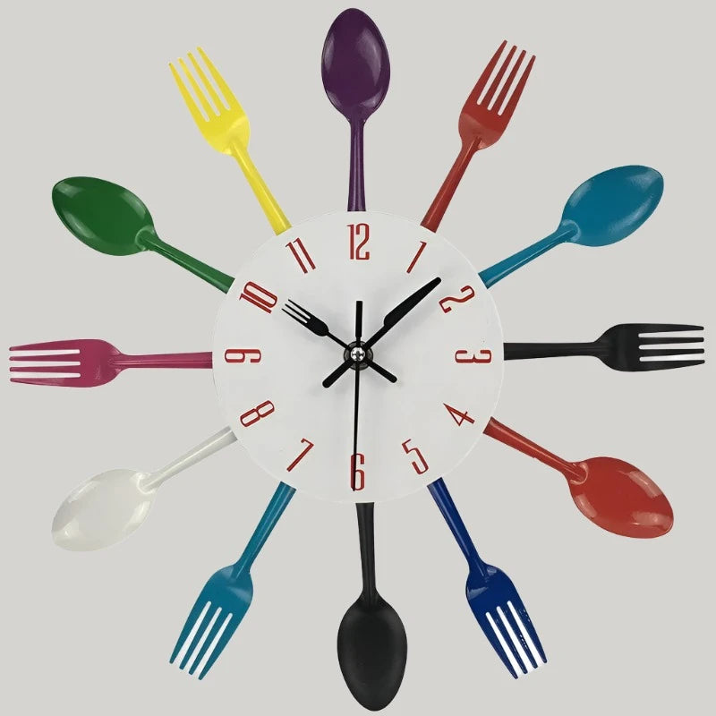 Multicolor Home Decoration Cutlery Kitchen Utensil Spoon Fork Clock Wall Clock