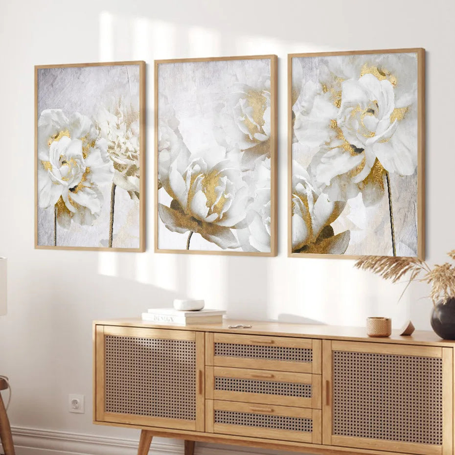 Abstract Gold White Blooming Floral Wall Art Posters Canvas Painting Prints