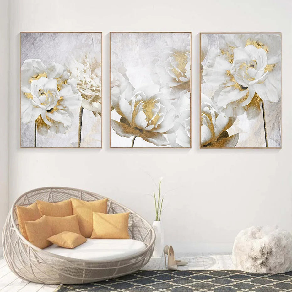 Abstract Gold White Blooming Floral Wall Art Posters Canvas Painting Prints