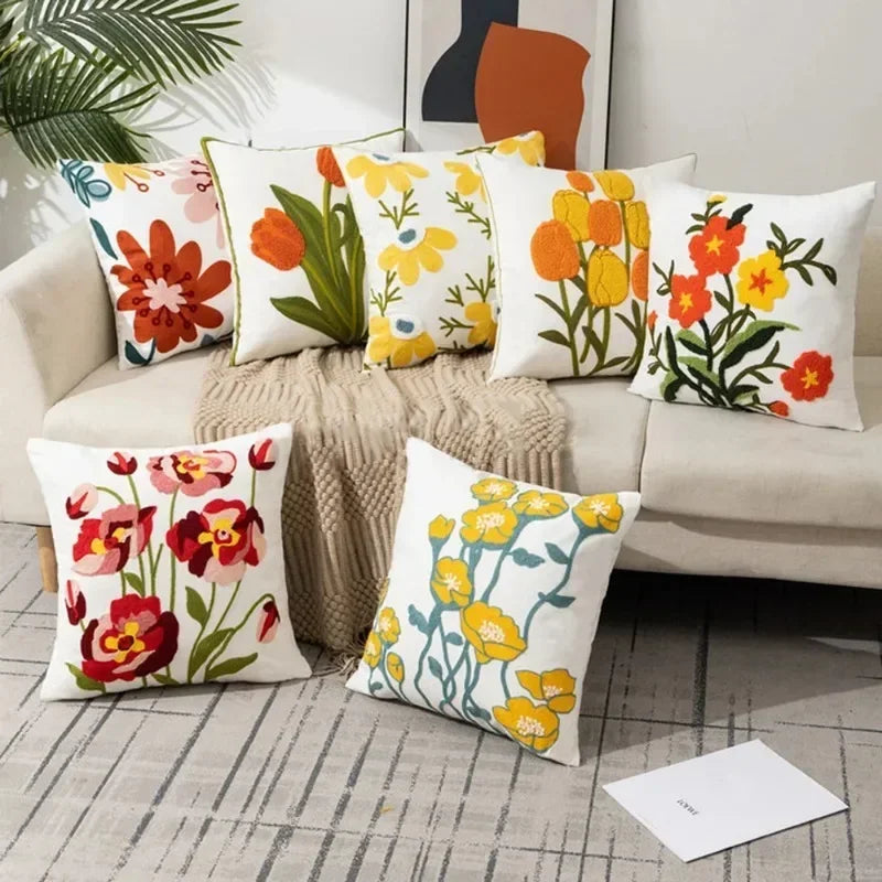 Cotton Canvas Floral Embroidered Cushion Cover 45*45-Throw Pillows-Arlik interiors
