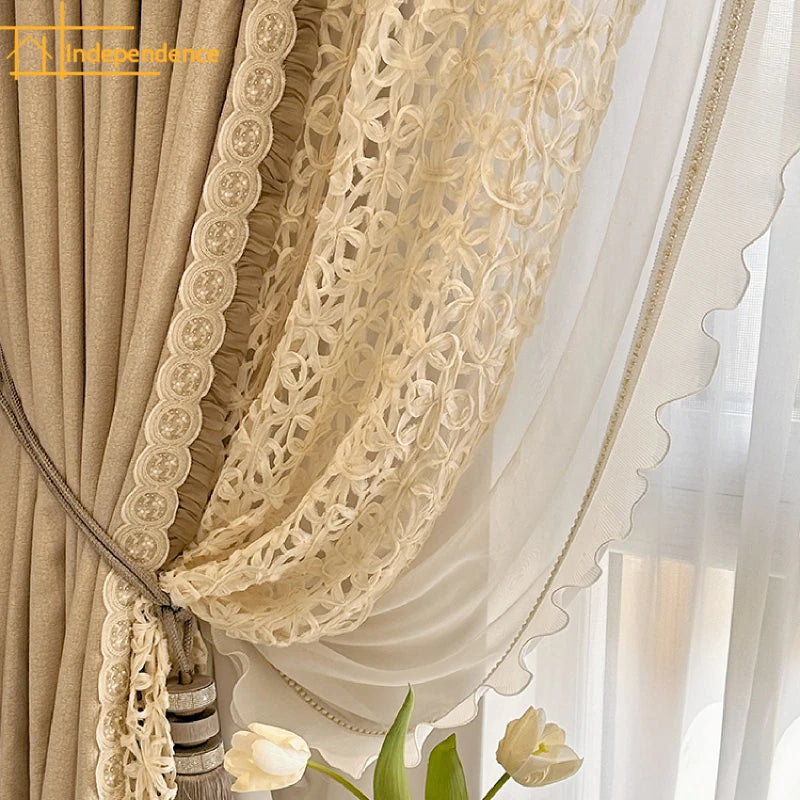 Cotton Linen Texture Hollowed Out Lace Bead Lace Curtains for Living Room Decoration