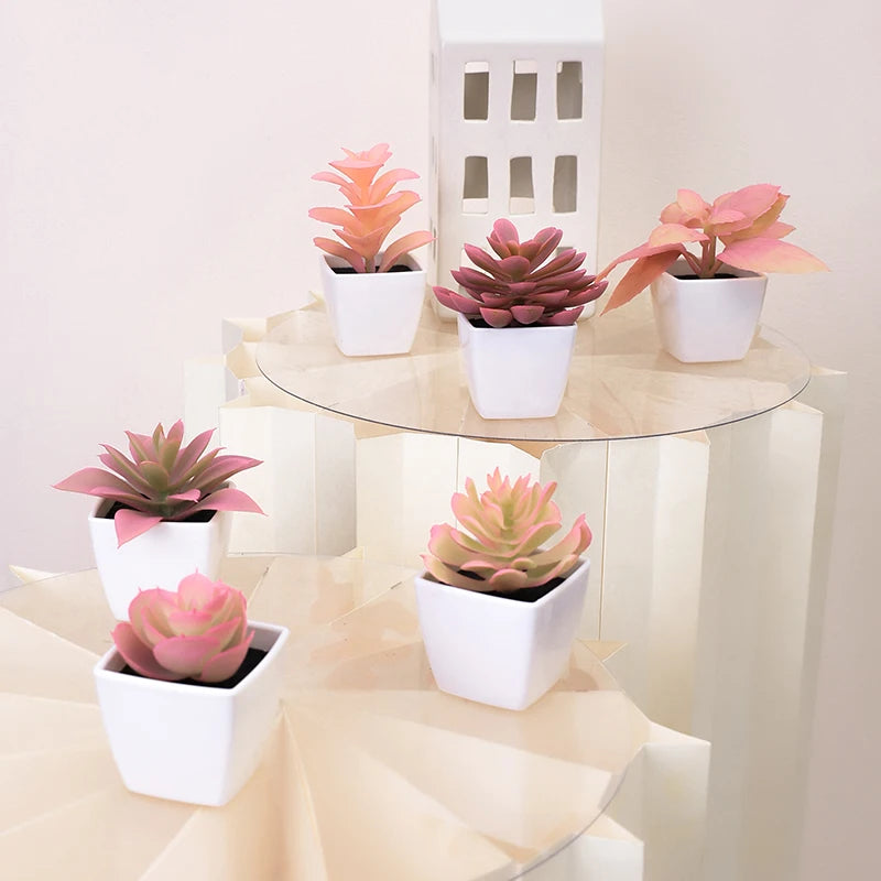 6 PCS Sets Home Desktop Decoration Mini Pink Artificial Potted Flowers