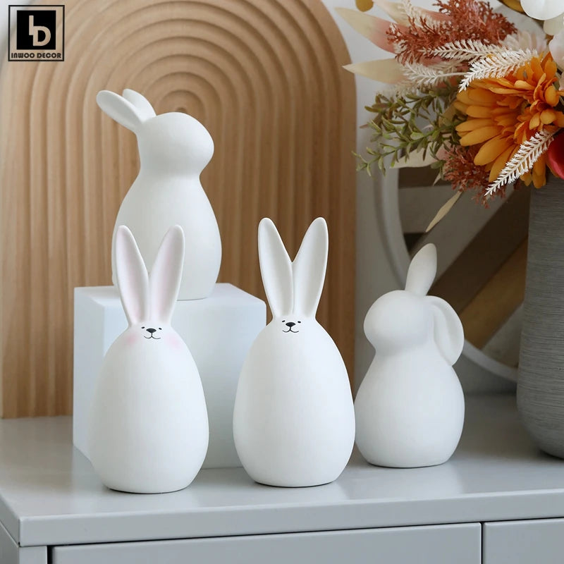 Cute Ceramics Rabbit Figurines Hare Bunny Sculpture Garden Animal Ornaments Decor