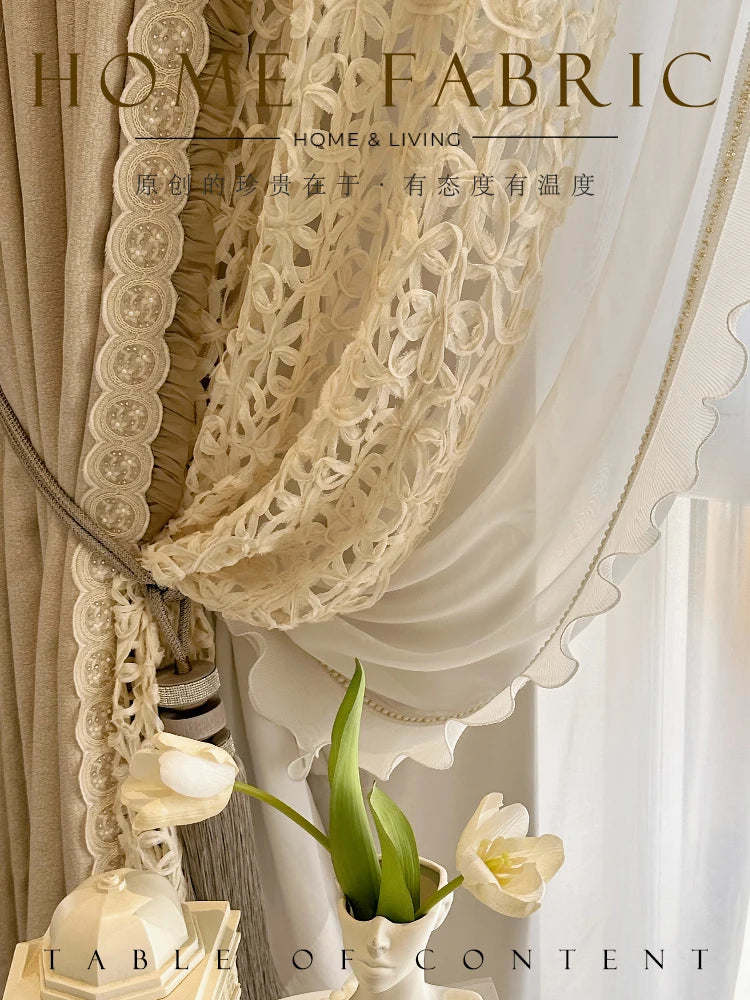 Cotton Linen Texture Hollowed Out Lace Bead Lace Curtains for Living Room Decoration