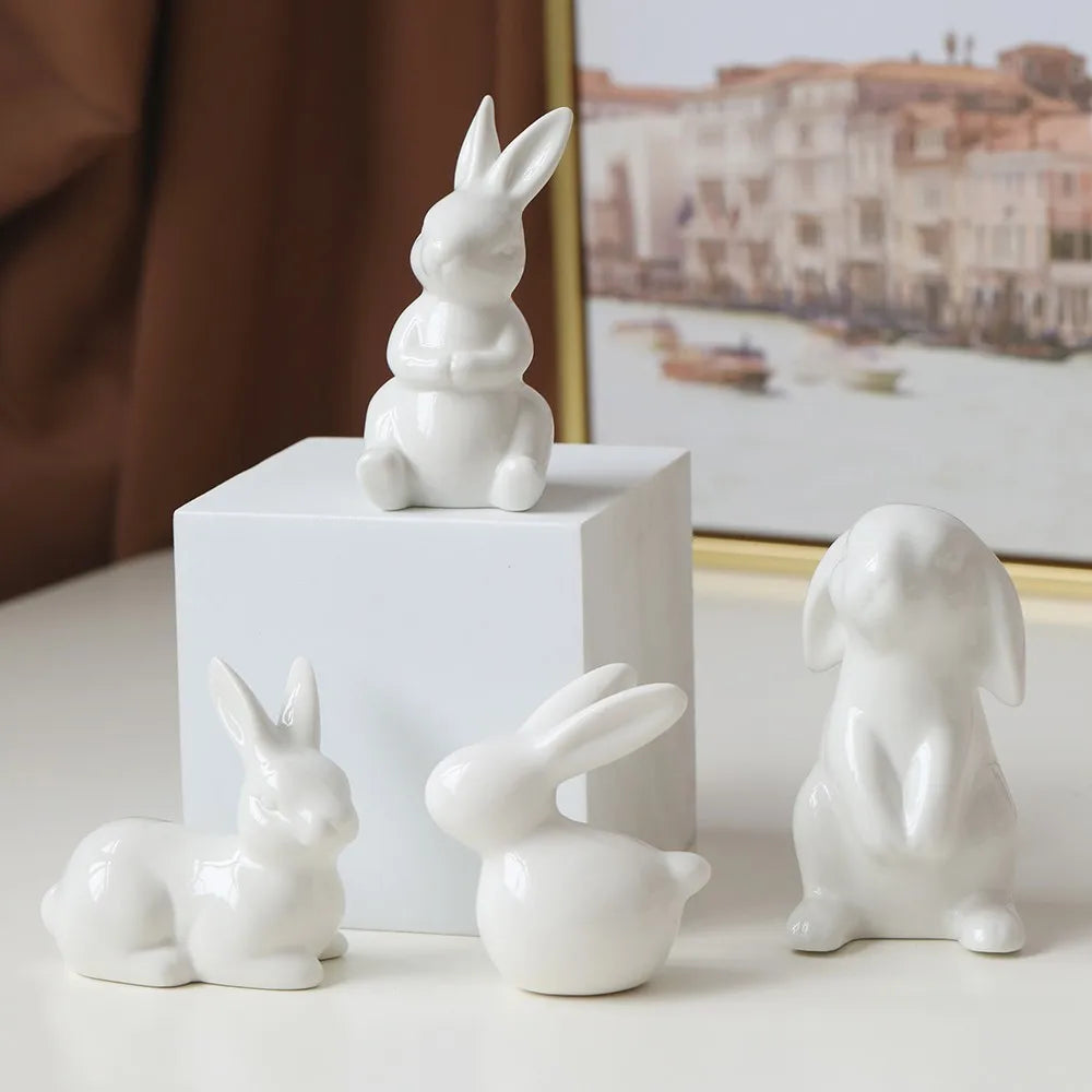 Ceramic Bunny Desktop Decor Cute White Rabbit Figurines Decor