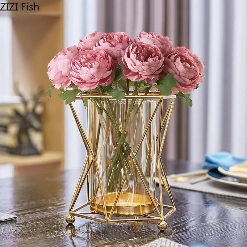 Golden Vase Metal Flowers Pot Floral Flower Arrangement Plated Alloy Glass Vases
