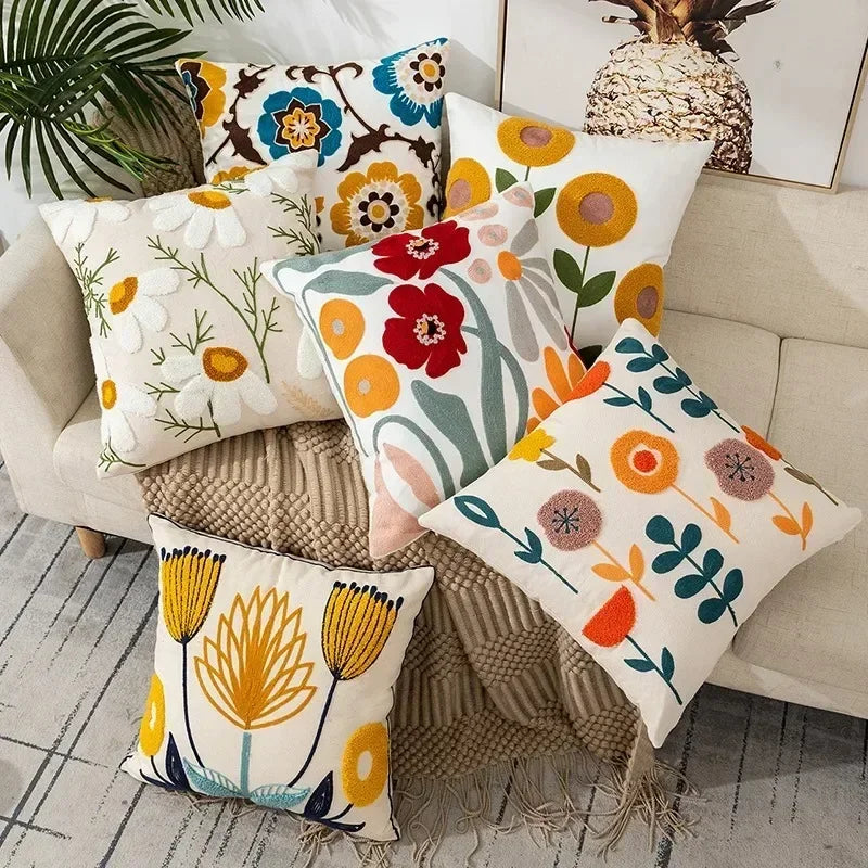 Cotton Canvas Floral Embroidered Cushion Cover 45*45-Throw Pillows-Arlik interiors